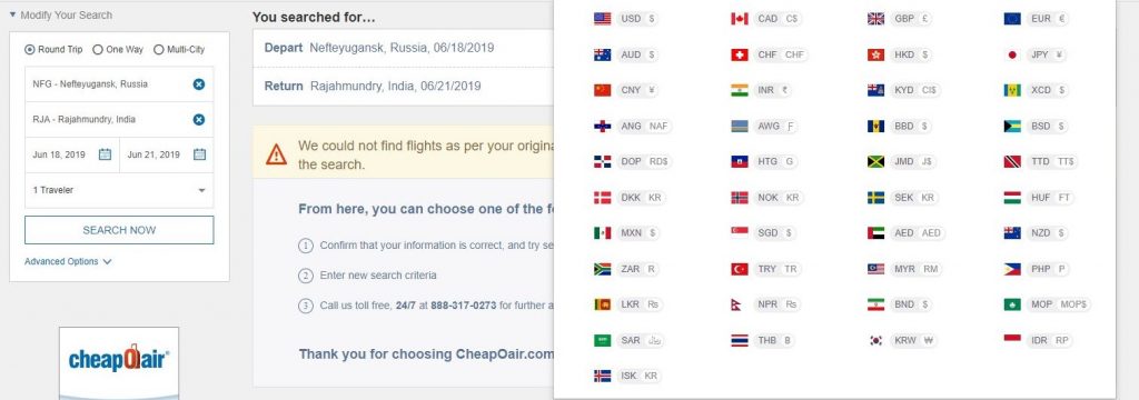 Currency options for flight booking