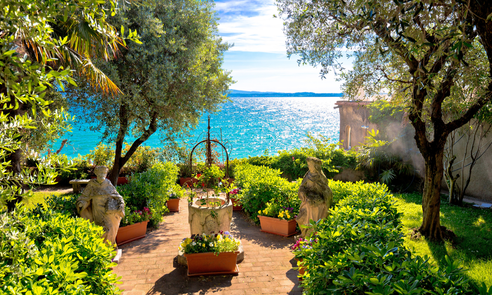 Mediterranean park on Lago di Garda view, Sirmione, Veneto region of Italy