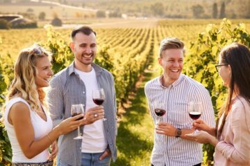 Group of friends drinking at a winery