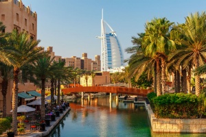 Cityscape with beautiful park with palm trees in Dubai, UAE