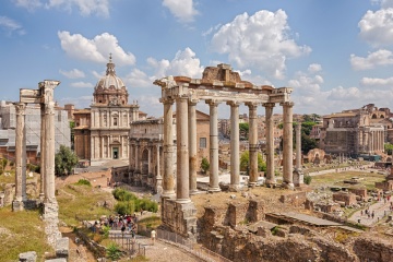 Roman Forum - Forum (Square) in the heart of ancient Rome with the surrounding buildings. Italy.