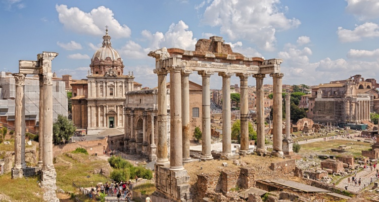 Roman Forum - Forum (Square) in the heart of ancient Rome with the surrounding buildings. Italy.