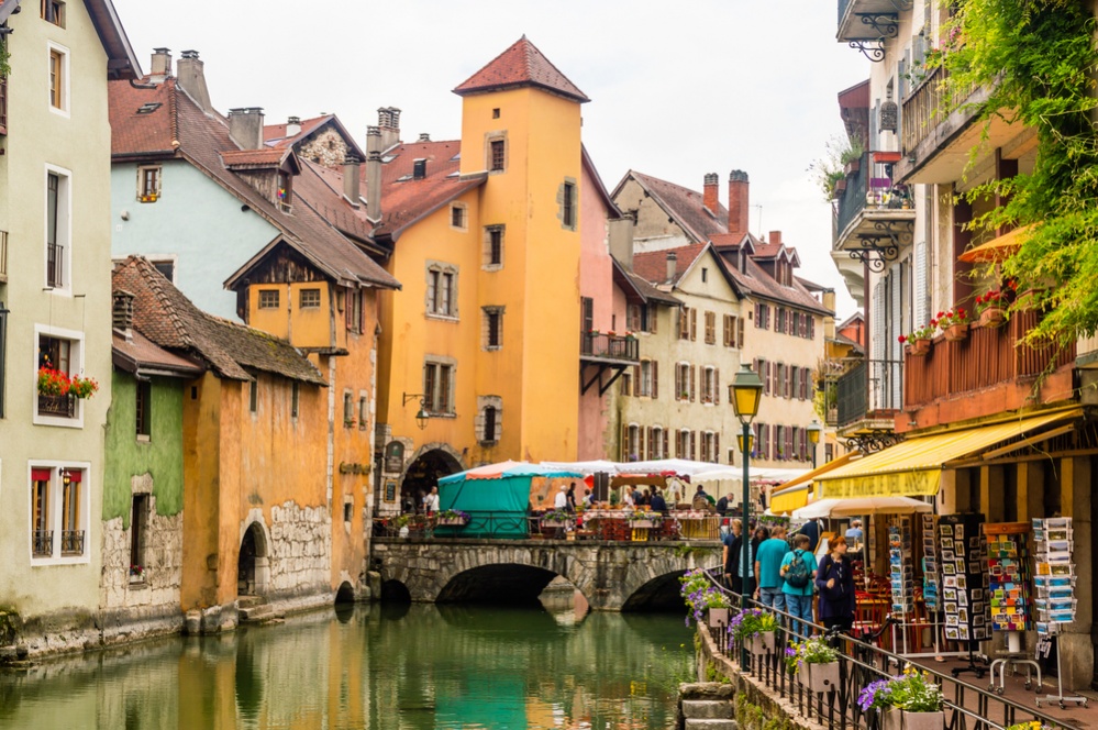 Streets, canal and Thiou river in Annecy, France