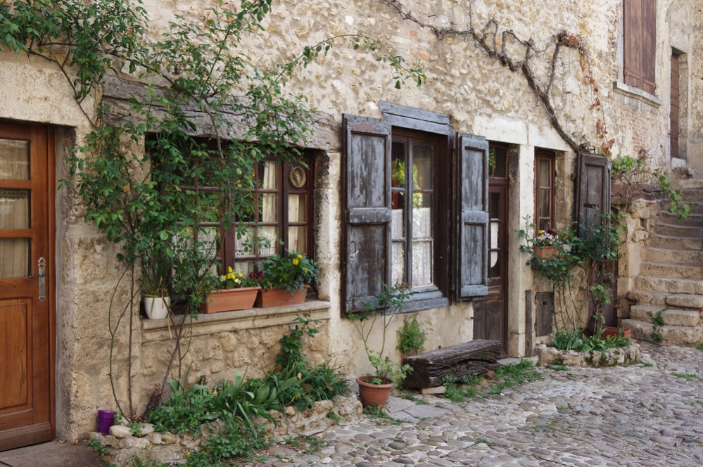 Old stone house at medieval village Perouges in France with green lianas climbing up the wall