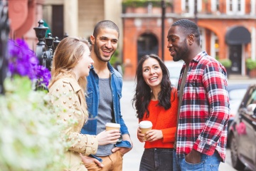 young group of friends in london traveling