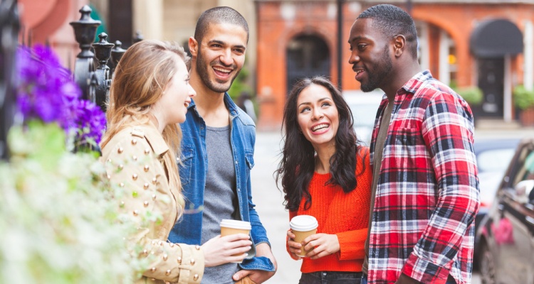 young group of friends in london traveling