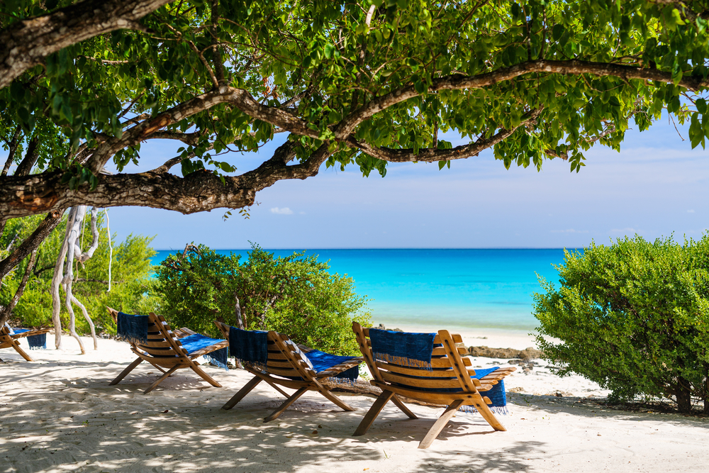 Idyllic tropical beach with white sand, turquoise ocean water and blue sky in Mozambique Africa