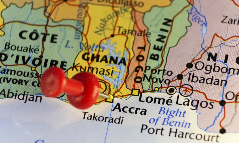 pin on a map of Ghana