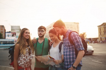 Group of tourist friends traveling Europe