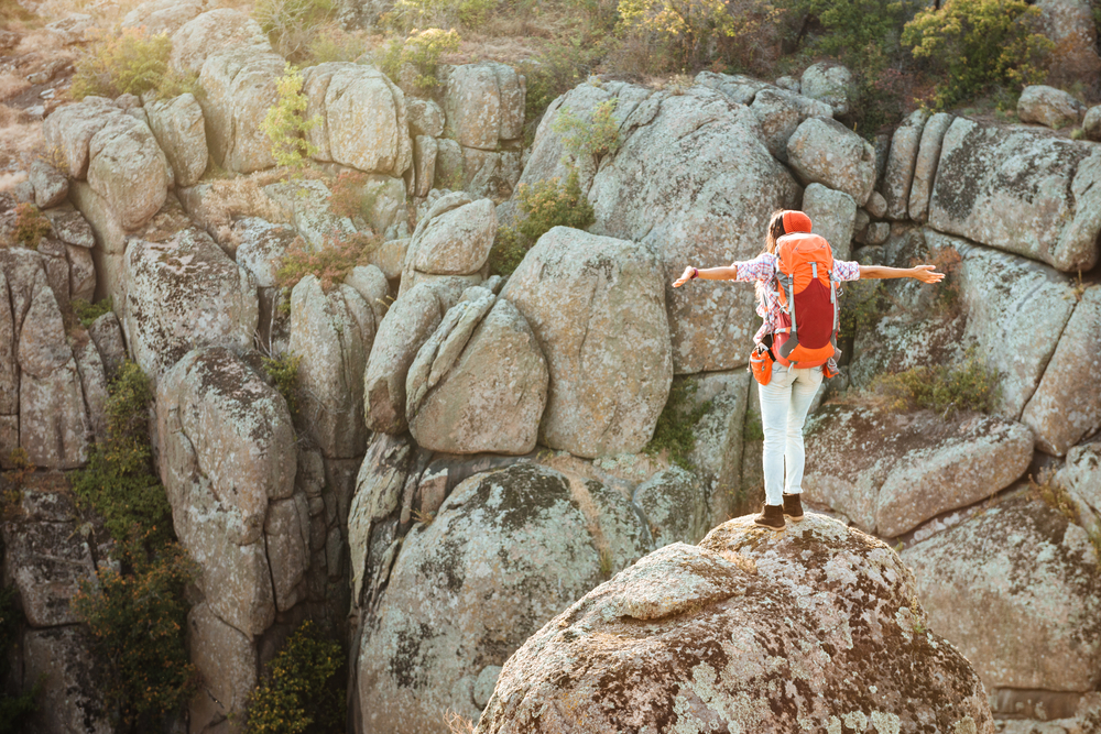 Back view of adventure woman near the canyon. on rock