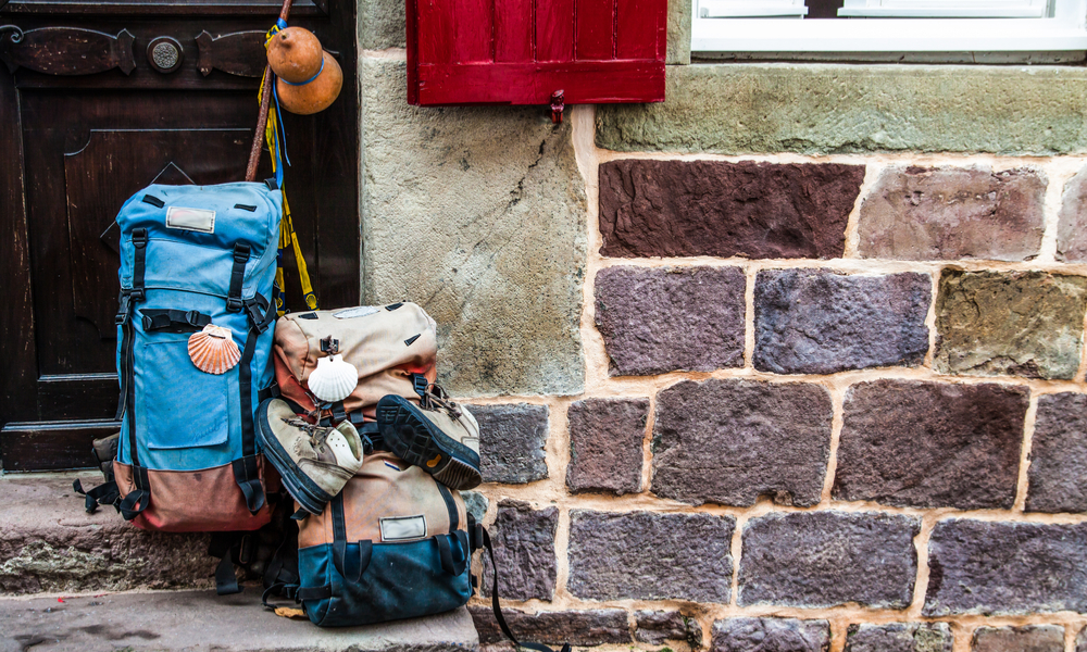 backpacks outside a hostel