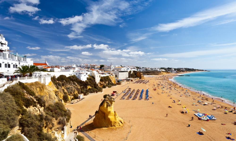 City beach Albufeira sunny September day, Algarve, Portugal