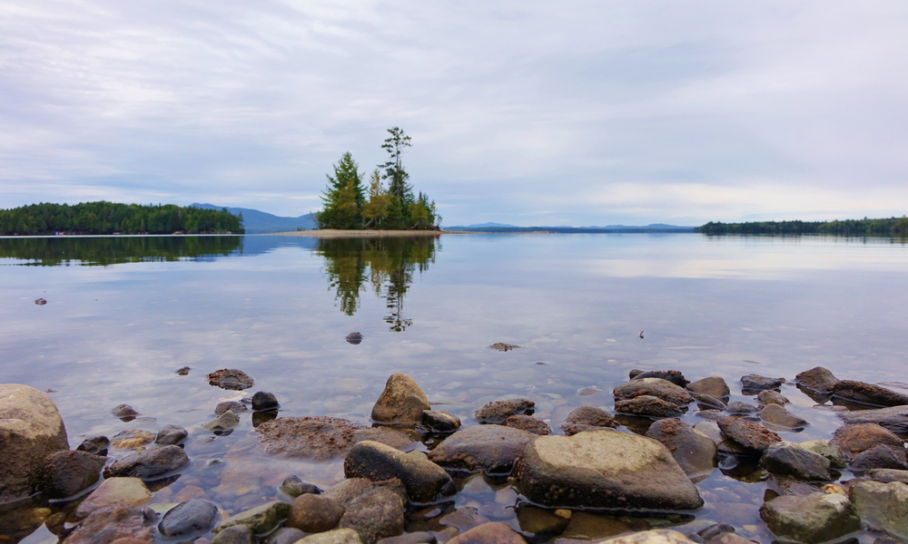 rocks and a landscape of a body of water, trees, and mountains 