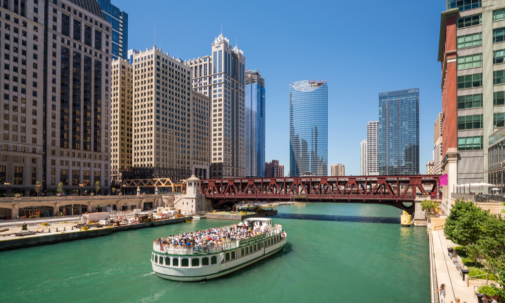 The Chicago River and downtown Chicago skyline USA