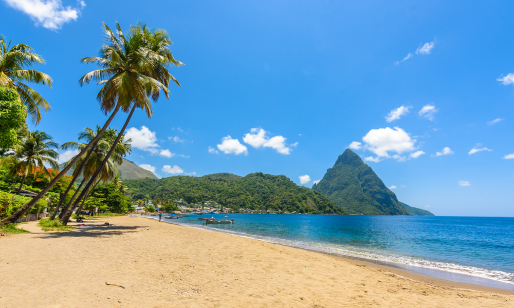 Paradise beach at Soufriere Bay with view to Piton at small town Soufriere in Saint Lucia, Tropical Caribbean Island