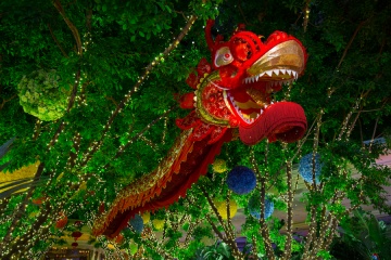 Chinese red dragon on the background of flowers. Las Vegas. Nevada. USA.