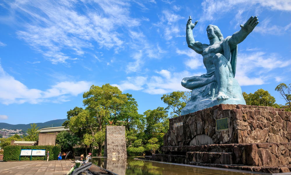 Peace Statue in Nagasaki Peace Park, Nagasaki, Japan.