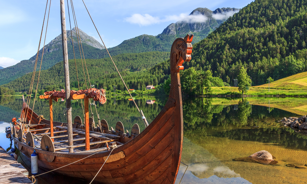 Old viking boats replica in a norwegian landscape,