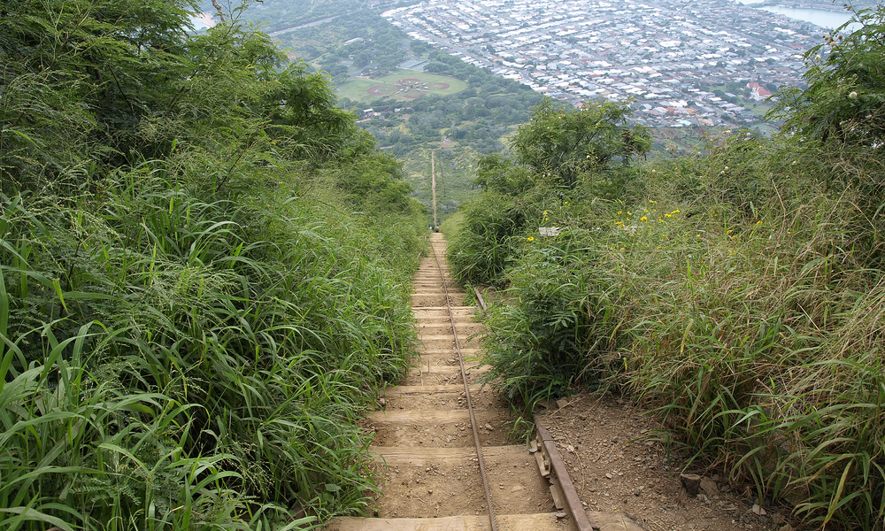 Koko Head Trail Oahu Hawaii, looking down the trail from the top