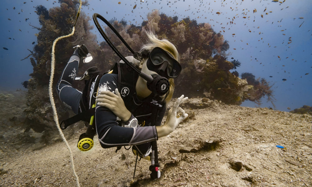 Scuba Instructor of Diversia Diving (Gili Trawangan) Maria ødeskaug, giving the ‘OK’ Bounty Wreck (Gili Meno)