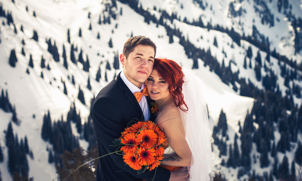 Wedding ceremony at alps mountains at winter 