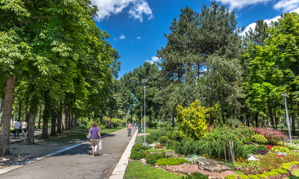 Locals walking near by an amazing public garden through the trees in a blue sky in Chisinau, the capital of Moldavia 