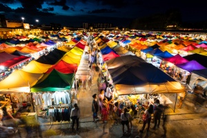 Twilight at train market in Bangkok, Thailand.