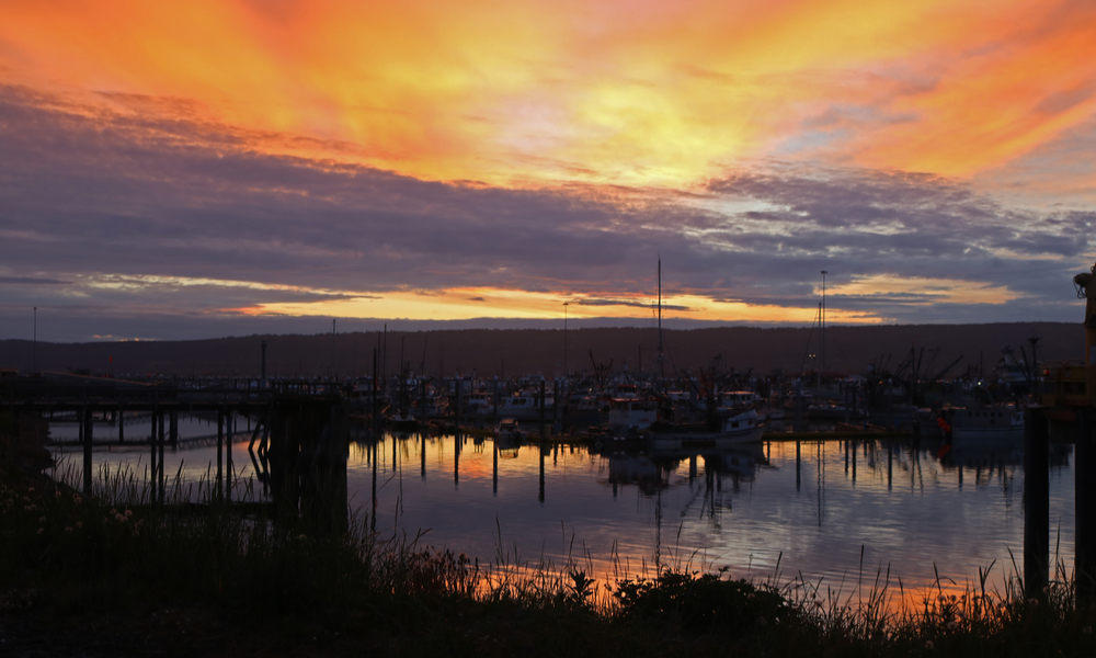 Colorful Sunset at Summer Solstice over the Small Boat Harbor in Homer Alaska in June