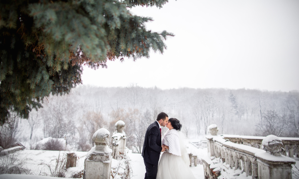 5 Dreamy Winter Wedding Destinations: Winter wedding, young couple kissing near the castle and snowy pine tree