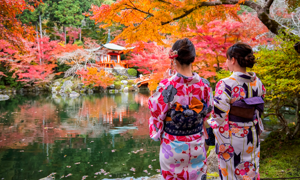 fun places to go visit in 2020: Young women wearing traditional Japanese Kimono at Daigo-ji temple with colorful maple trees in autumn