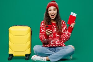 Relaxed woman traveling for Christmas