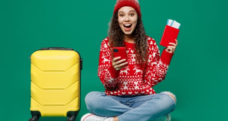 Relaxed woman traveling for Christmas