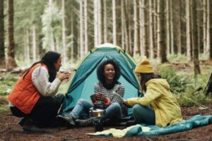 Women camping in the woods