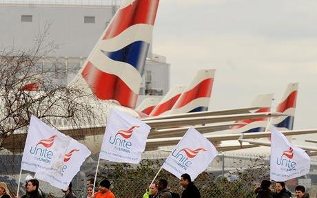 Unite members on strike outside British Airways offices in London