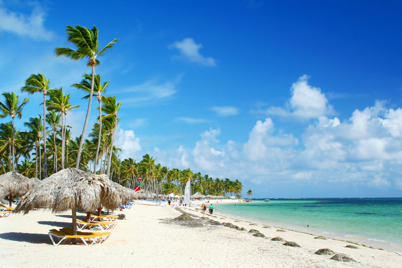 Caribbean resort beach fringed with palm trees, thatched sunshades and chairs