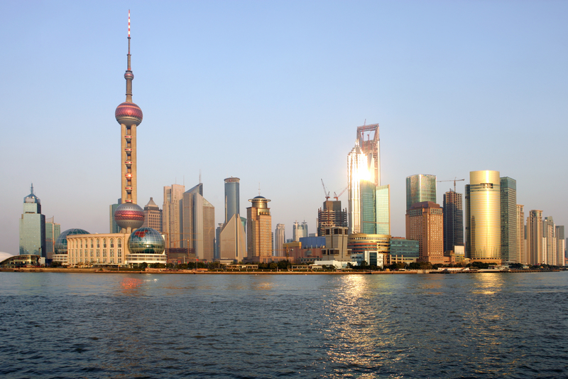 The Shanghai  skyline at sunset