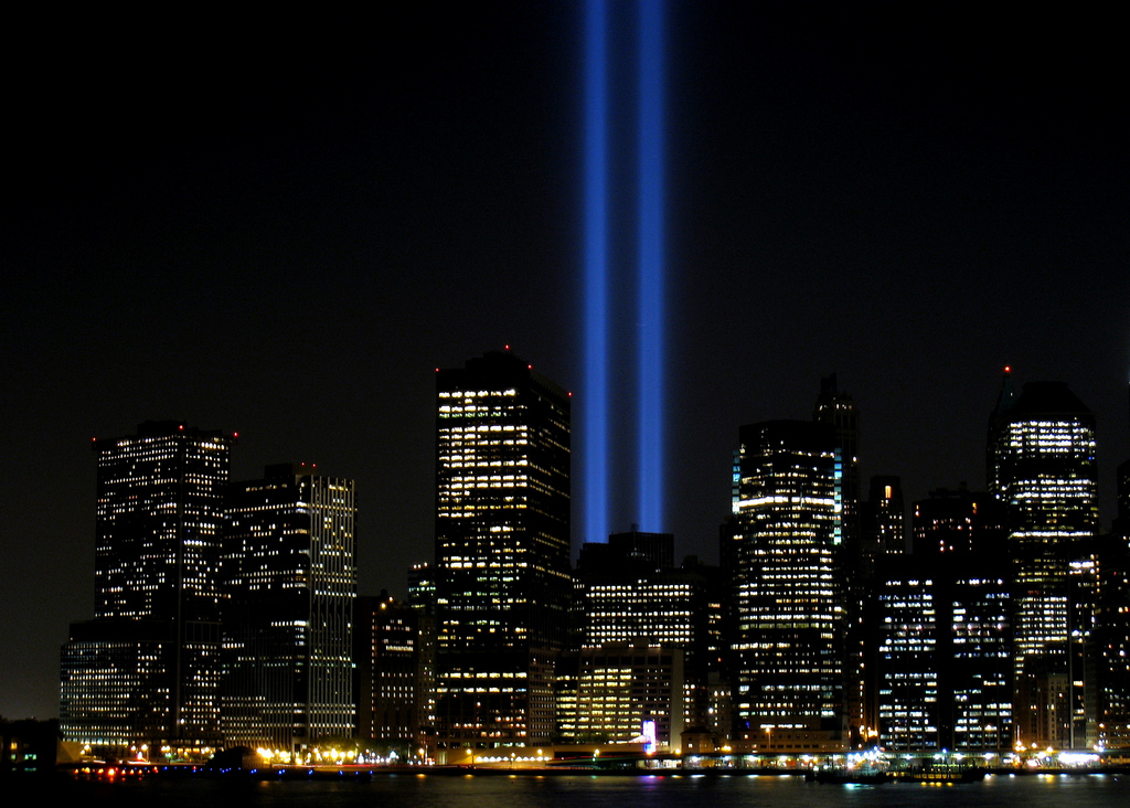 The Lower Manhattan skyline during a September 11 memorial 
(Flickr: pnoeric)