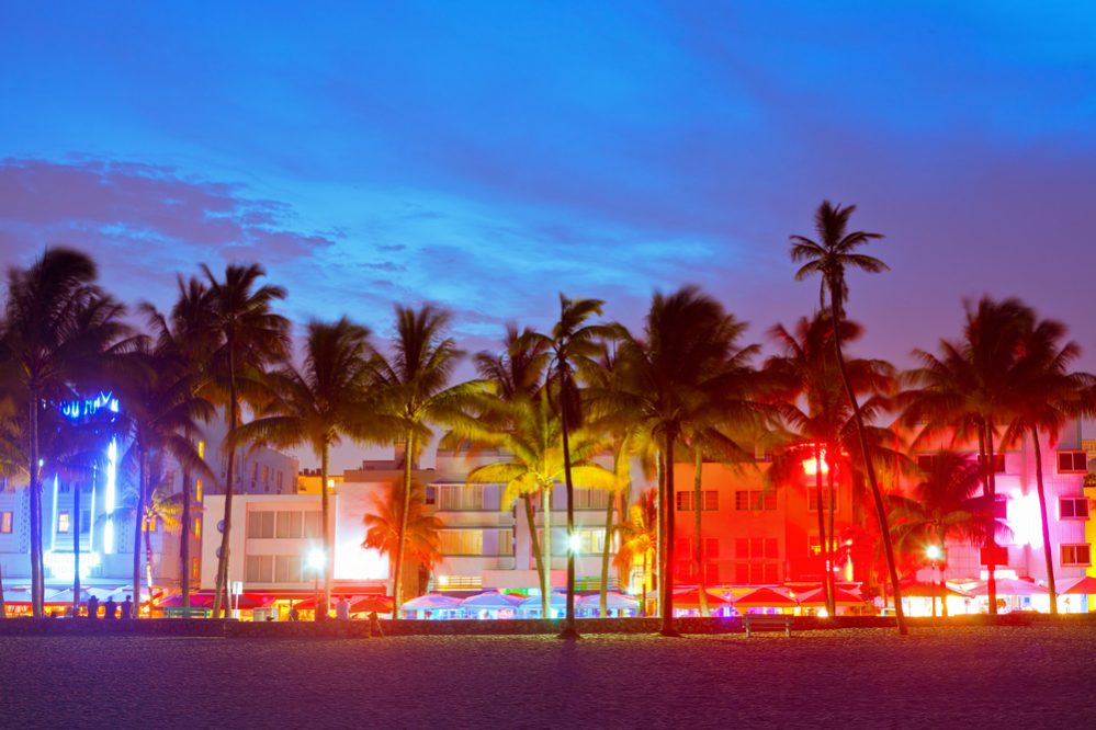 Miami Beach, Florida hotels and restaurants at sunset on Ocean Drive, world famous destination for it's nightlife, beautiful weather and pristine beaches