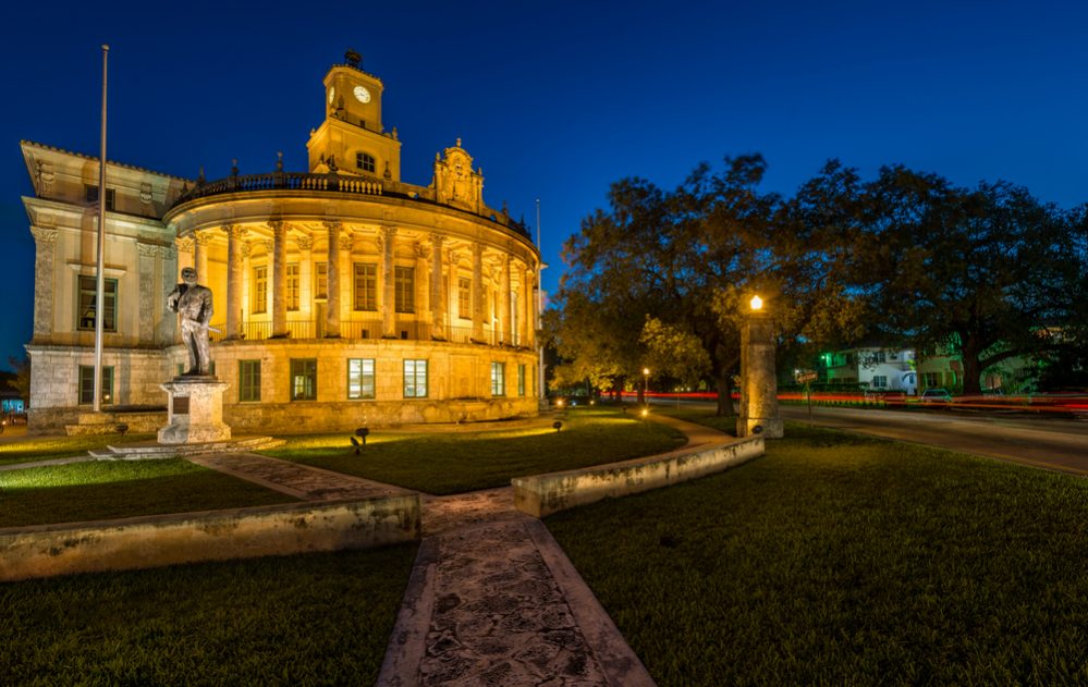 Night view of the Coral Gables City Hall in Miracle Mile.