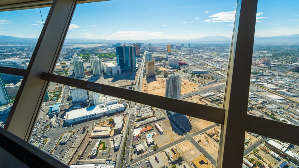 Las Vegas cityscape panorama from the top of the Stratosphere Tower with architectural details, Las Vegas, USA