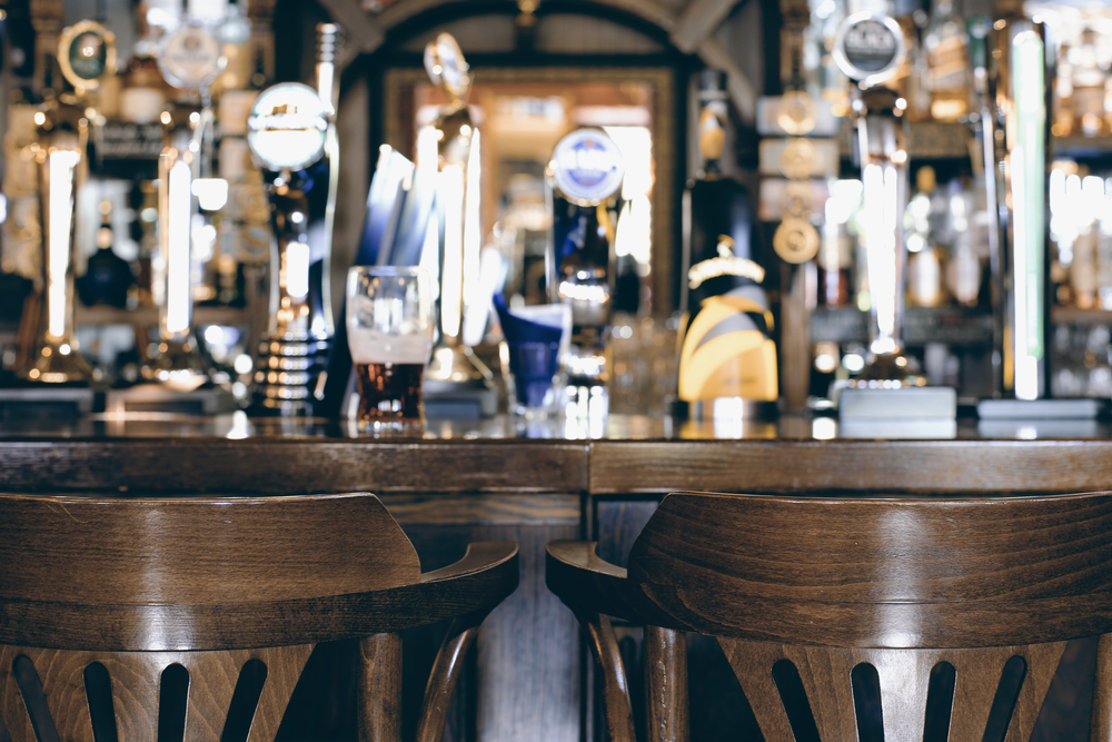 Beer bar pub, long table with chairs