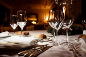 Empty glasses in restaurant. Table setting for celebration