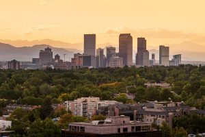 View of Downtown Denver with the Colorado Rockies behind