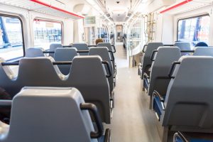 Interior of commuter train from Denver Airport to Denver Union Station.