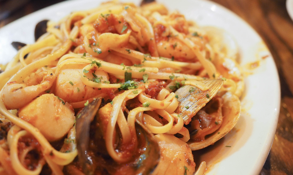 Seafood pasta in tomato sauce