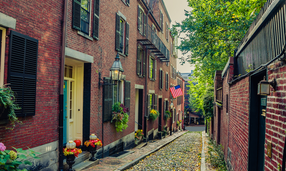 Narrow Cobbled Street and Red-Brick Houses in Boston