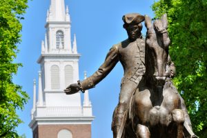 Paul Revere Statue and Old North Church in Boston, Massachusetts